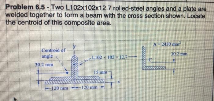 Problem 6.5- Two L102x102x12.7 rolled-steel angles and a plate are
welded together to form a beam with the cross section shown. Locate
the centroid of this composite area.
A 2430 mm
Centroid of
30.2 mm
angle
L102 x 102 x 12.7
30.2 mm
15 mm
-120 mm
120 mm
