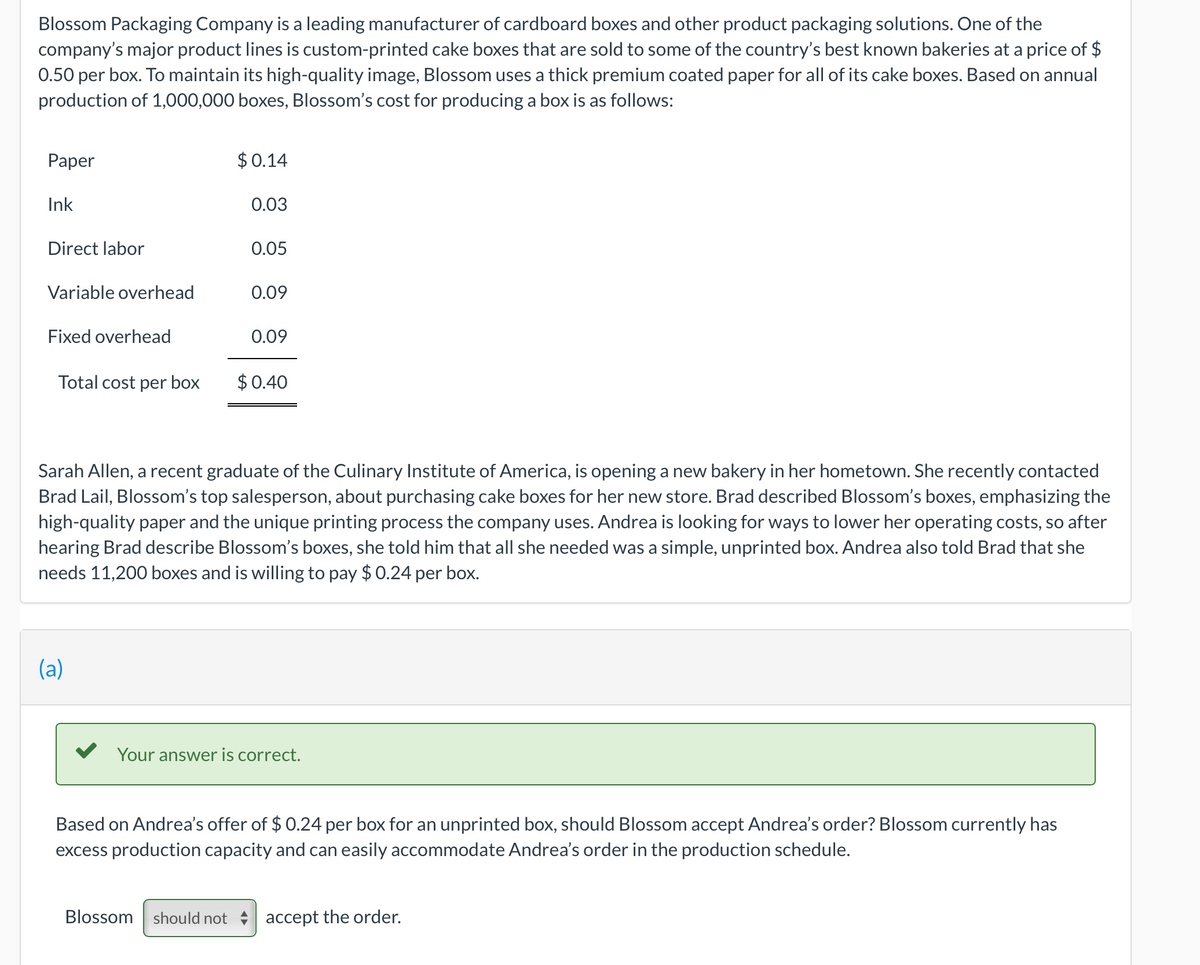 Blossom Packaging Company is a leading manufacturer of cardboard boxes and other product packaging solutions. One of the
company's major product lines is custom-printed cake boxes that are sold to some of the country's best known bakeries at a price of $
0.50 per box. To maintain its high-quality image, Blossom uses a thick premium coated paper for all of its cake boxes. Based on annual
production of 1,000,000 boxes, Blossom's cost for producing a box is as follows:
Раper
$0.14
Ink
0.03
Direct labor
0.05
Variable overhead
0.09
Fixed overhead
0.09
Total cost per box
$0.40
Sarah Allen, a recent graduate of the Culinary Institute of America, is opening a new bakery in her hometown. She recently contacted
Brad Lail, Blossom's top salesperson, about purchasing cake boxes for her new store. Brad described Blossom's boxes, emphasizing the
high-quality paper and the unique printing process the company uses. Andrea is looking for ways to lower her operating costs, so after
hearing Brad describe Blossom's boxes, she told him that all she needed was a simple, unprinted box. Andrea also told Brad that she
needs 11,200 boxes and is willing to pay $0.24 per box.
(a)
Your answer is correct.
Based on Andrea's offer of $ 0.24 per box for an unprinted box, should Blossom accept Andrea's order? Blossom currently has
excess production capacity and can easily accommodate Andrea's order in the production schedule.
Blossom should not accept the order.

