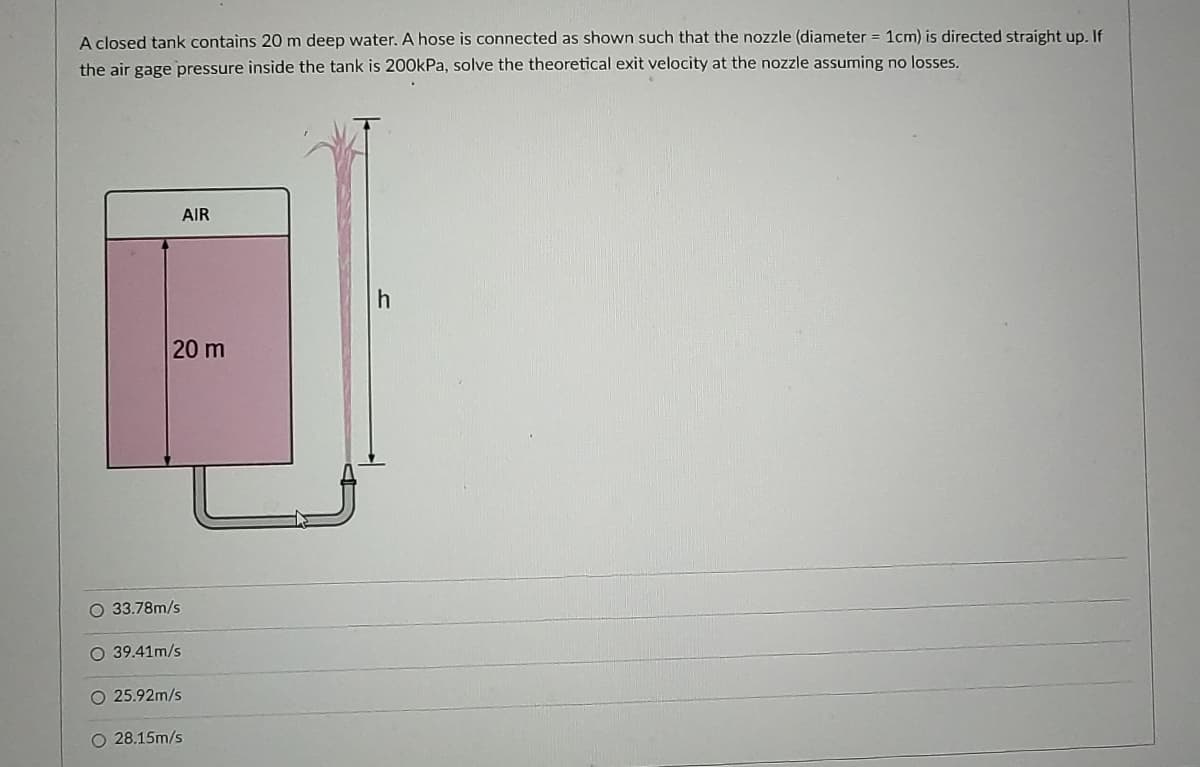 A closed tank contains 20m deep water. A hose is connected as shown such that the nozzle (diameter = 1cm) is directed straight up. If
the air gage pressure inside the tank is 200kPa, solve the theoretical exit velocity at the nozzle assuming no losses.
AIR
20 m
O 33.78m/s
O 39.41m/s
O 25.92m/s
O 28.15m/s
