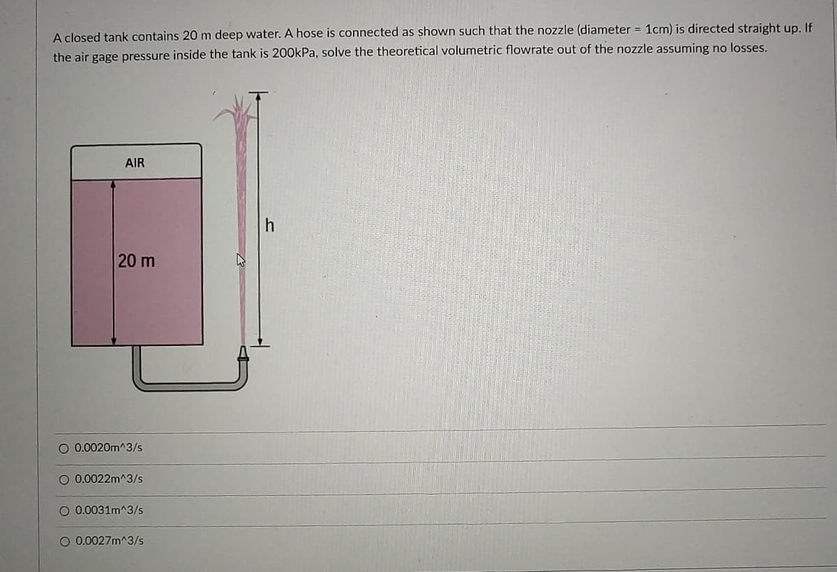 A closed tank contains 20 m deep water. A hose is connected as shown such that the nozzle (diameter = 1cm) is directed straight up. If
the air gage pressure inside the tank is 200kPa, solve the theoretical volumetric flowrate out of the nozzle assuming no losses.
AIR
20 m
O 0.0020m^3/s
O 0.0022m^3/s
O 0.0031m^3/s
O 0.0027m^3/s
