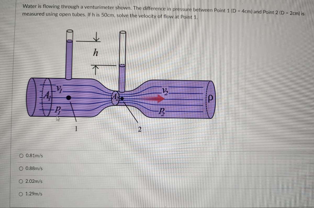 Water is flowing through a venturimeter shown. The difference in pressure between Point 1 (D = 4cm) and Point 2 (D = 2cm) is
measured using open tubes. If h is 50cm, solve the velocity of flow at Point 1.
h
O 0.81m/s
O 0.88m/s
2.02m/s
O 1.29m/s
