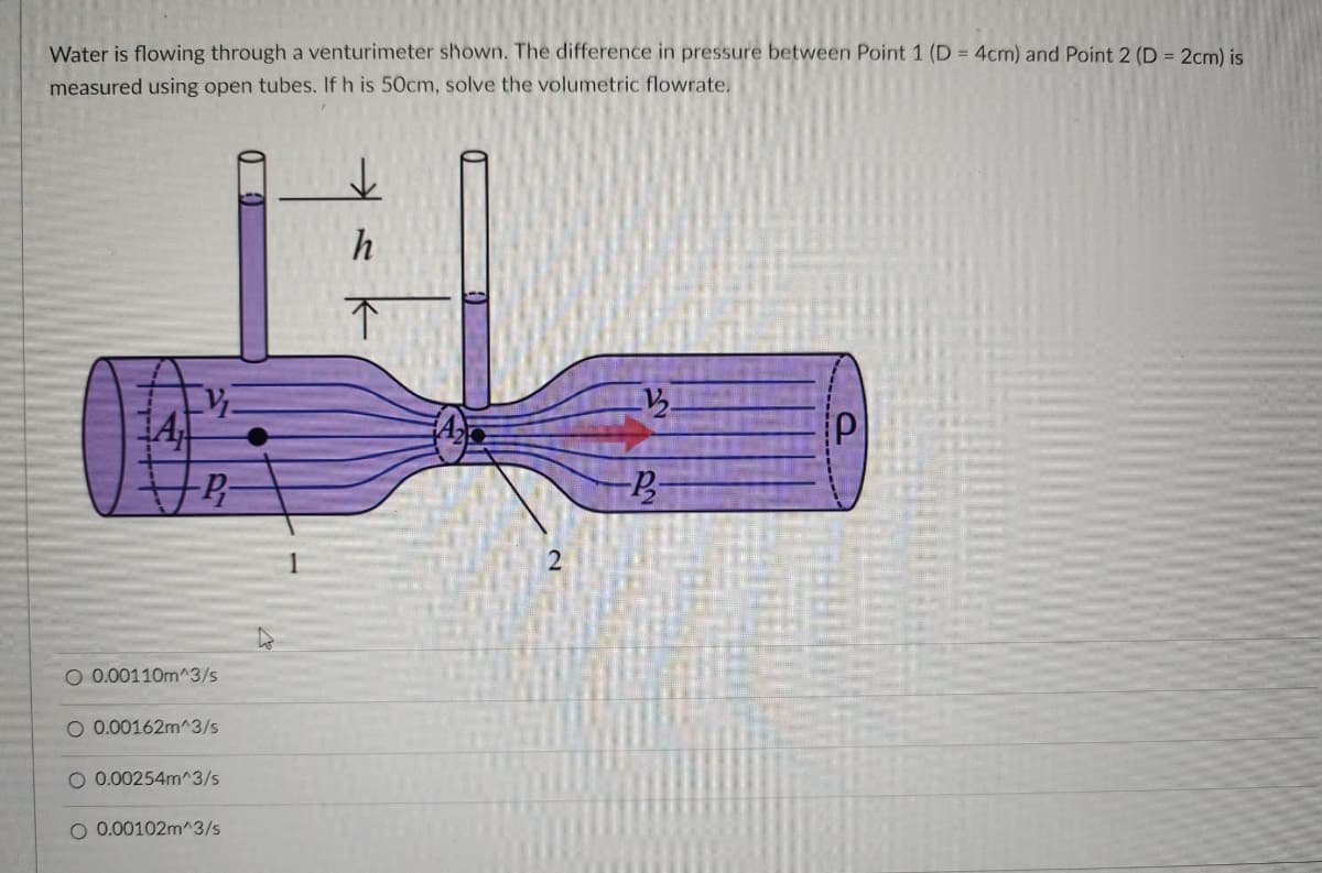 Water is flowing through a venturimeter shown. The difference in pressure between Point 1 (D = 4cm) and Point 2 (D = 2cm) is
measured using open tubes. If h is 50cm, solve the volumetric flowrate.
h
下
O 0.00110m^3/s
O 0.00162m^3/s
O 0.00254m^3/s
O 0.00102m^3/s
