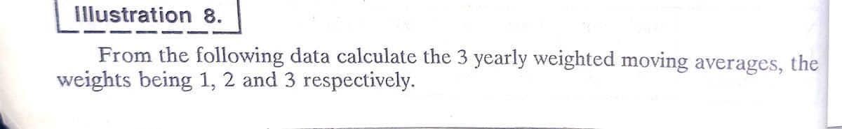Illustration 8.
From the following data calculate the 3 yearly weighted moving averages, the
weights being 1, 2 and 3 respectively.
