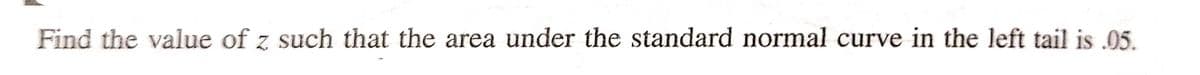 Find the value of z such that the area under the standard normal curve in the left tail is .05.