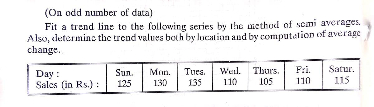 (On odd number of data)
Fit a trend line to the following series by the method of semi averages.
Also, determine the trend values both by location and by computation of average
change.
Wed.
Thurs.
Fri.
Satur.
Tues.
135
Sun.
Mon.
Day :
Sales (in Rs.) :
125
130
110
105
110
115
