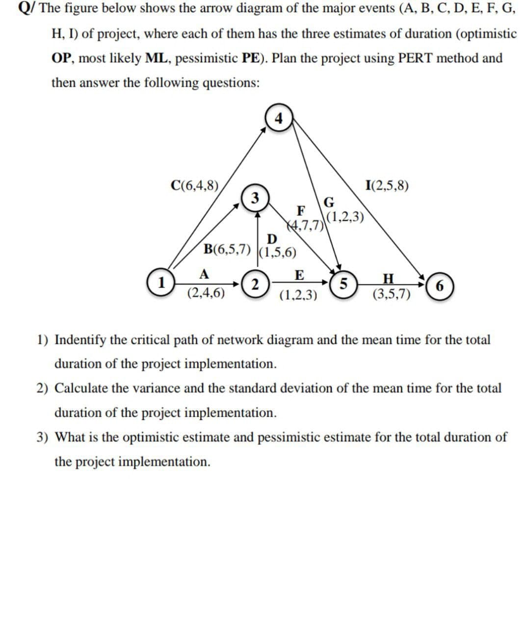 Q/ The figure below shows the arrow diagram of the major events (A, B, C, D, E, F, G,
H, I) of project, where each of them has the three estimates of duration (optimistic
OP, most likely ML, pessimistic PE). Plan the project using PERT method and
then answer the following questions:
C(6,4,8),
3
I(2,5,8)
\G
F
\(1,2,3)
4,7,7)\
D
B(6,5,7) (1,5,6)
A
E
H
2
(1,2,3)
5.
(3,5,7)
(2,4,6)
1) Indentify the critical path of network diagram and the mean time for the total
duration of the project implementation.
2) Calculate the variance and the standard deviation of the mean time for the total
duration of the project implementation.
3) What is the optimistic estimate and pessimistic estimate for the total duration of
the project implementation.
