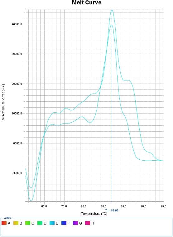 Melt Curve
48000.0
36000.0
26000.0
18000.0
6000.0
-4000.0
85.0
70.0
75.0
80.0
85.0
90.0
95.0
Tm: 82.02
Temperature ("C)
Legend
A
C
D
E
G IH
Derivative Reporter (-R)
