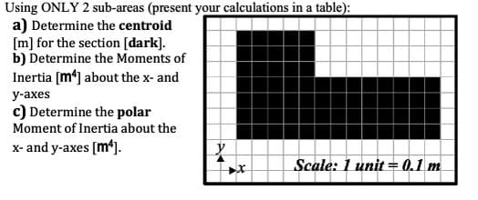 Using ONLY 2 sub-areas (present your calculations in a table):
a) Determine the centroid
[m] for the section [dark].
b) Determine the Moments of
Inertia [m*] about the x- and
у-ахes
c) Determine the polar
Moment of Inertia about the
x- and y-axes [m*].
Scale: 1 unit = 0.1 m
