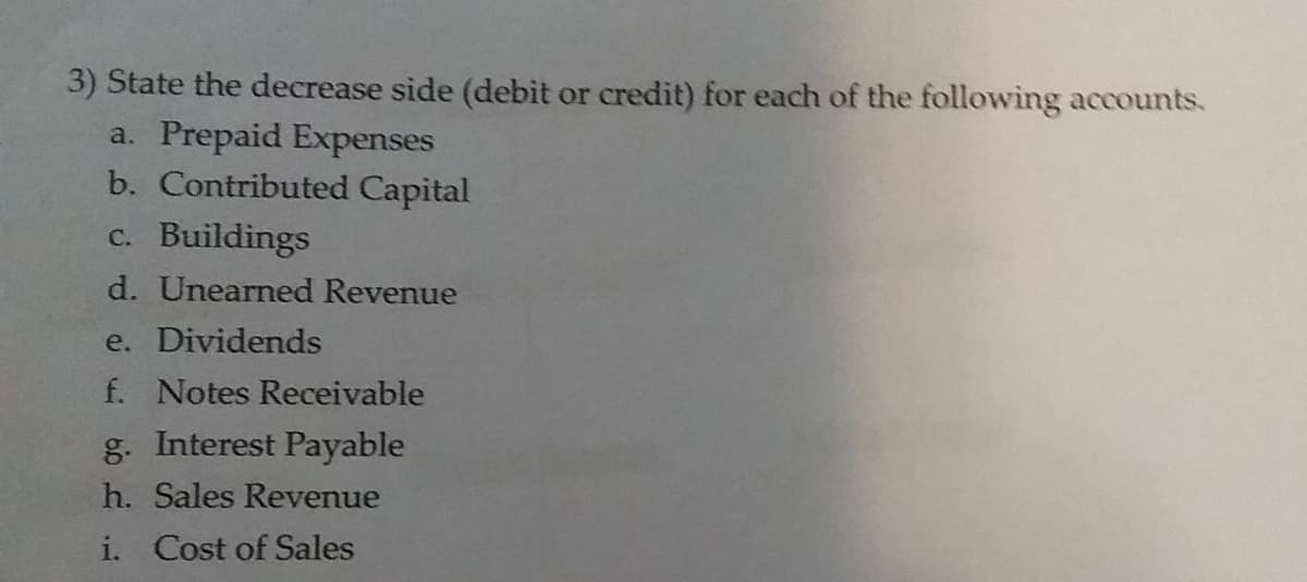 3) State the decrease side (debit or credit) for each of the following accounts.
a. Prepaid Expenses
b. Contributed Capital
c. Buildings
d. Unearned Revenue
e. Dividends
f. Notes Receivable
g. Interest Payable
h. Sales Revenue
i. Cost of Sales
