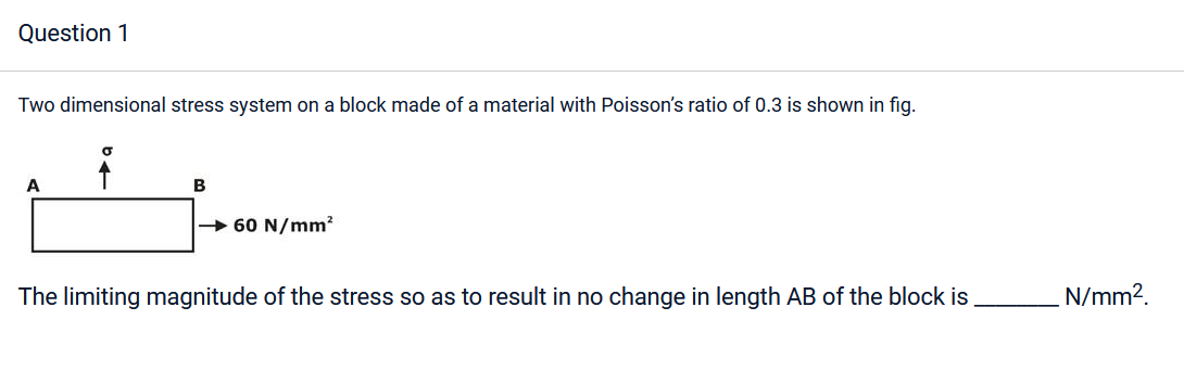 Question 1
Two dimensional stress system on a block made of a material with Poisson's ratio of 0.3 is shown in fig.
A
σ
B
→60 N/mm²
The limiting magnitude of the stress so as to result in no change in length AB of the block is.
N/mm².