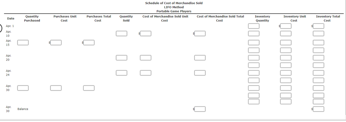 Date
Apr. 1
Apr.
10
Apr.
15
Apr.
20
Apr.
24
Apr.
30
Apr.
30
Quantity
Purchased
Balance
Purchases Unit
Cost
Purchases Total
Cost
Quantity
Sold
Schedule of Cost of Merchandise Sold
LIFO Method
Portable Game Players
Cost of Merchandise Sold Unit
Cost
Cost of Merchandise Sold Total
Cost
Inventory
Quantity
Inventory Unit
Cost
00000000000
Inventory Total
Cost
0000