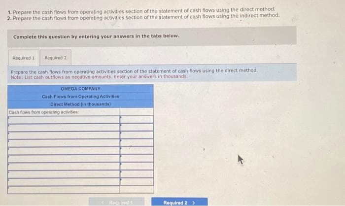 1. Prepare the cash flows from operating activities section of the statement of cash flows using the direct method.
2. Prepare the cash flows from operating activities section of the statement of cash flows using the indirect method.
Complete this question by entering your answers in the tabs below.
Required 11
Required 2
Prepare the cash flows from operating activities section of the statement of cash flows using the direct method.
Note: List cash outflows as negative amounts. Enter your answers in thousands.
OMEGA COMPANY
Cash Flows from Operating Activities
Direct Method (in thousands)
Cash flows from operating activities:
< Required 1
Required 2 >