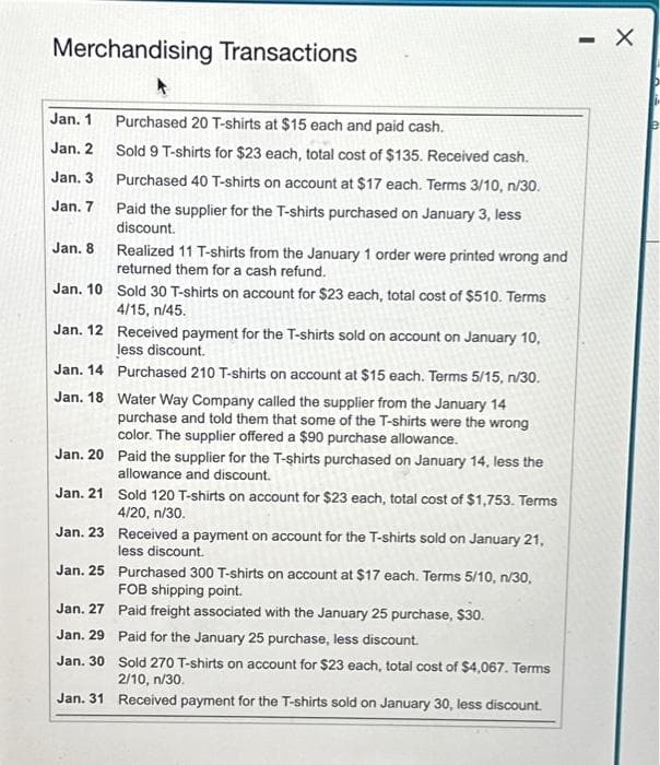 Merchandising Transactions
Jan. 1
Jan. 2
Jan. 3
Jan. 7
Jan. 8
Jan. 10
Jan. 12
Jan. 14
Jan. 18
Jan. 20
Jan. 21
Jan. 23
Jan. 25
Jan. 27
Jan. 29
Jan. 30
Jan. 31
Purchased 20 T-shirts at $15 each and paid cash.
Sold 9 T-shirts for $23 each, total cost of $135. Received cash.
Purchased 40 T-shirts on account at $17 each. Terms 3/10, n/30.
Paid the supplier for the T-shirts purchased on January 3, less
discount.
Realized 11 T-shirts from the January 1 order were printed wrong and
returned them for a cash refund.
Sold 30 T-shirts on account for $23 each, total cost of $510. Terms
4/15, n/45.
Received payment for the T-shirts sold on account on January 10,
less discount.
Purchased 210 T-shirts on account at $15 each. Terms 5/15, n/30.
Water Way Company called the supplier from the January 14
purchase and told them that some of the T-shirts were the wrong
color. The supplier offered a $90 purchase allowance.
Paid the supplier for the T-shirts purchased on January 14, less the
allowance and discount.
Sold 120 T-shirts on account for $23 each, total cost of $1,753. Terms
4/20, n/30.
Received a payment on account for the T-shirts sold on January 21,
less discount.
Purchased 300 T-shirts on account at $17 each. Terms 5/10, n/30,
FOB shipping point.
Paid freight associated with the January 25 purchase, $30.
Paid for the January 25 purchase, less discount.
Sold 270 T-shirts on account for $23 each, total cost of $4,067. Terms
2/10, n/30.
Received payment for the T-shirts sold on January 30, less discount.
- X
e
