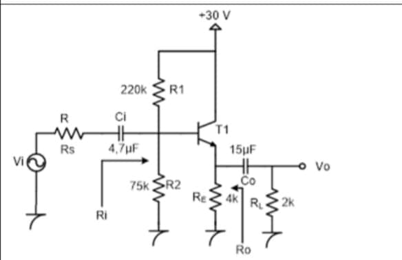 +30 V
220k
R1
R
Ci
T1
Rs
4,7µF
15µF
Vi
o Vo
75k SR2
RE
Co
4k
RL
2k
Ri
Ro
