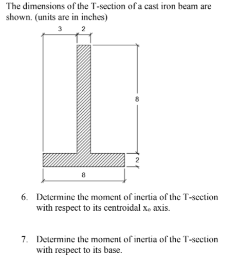 The dimensions of the T-section of a cast iron beam are
shown. (units are in inches)
3 2
2
8
6. Determine the moment of inertia of the T-section
with respect to its centroidal x, axis.
7. Determine the moment of inertia of the T-section
with respect to its base.
