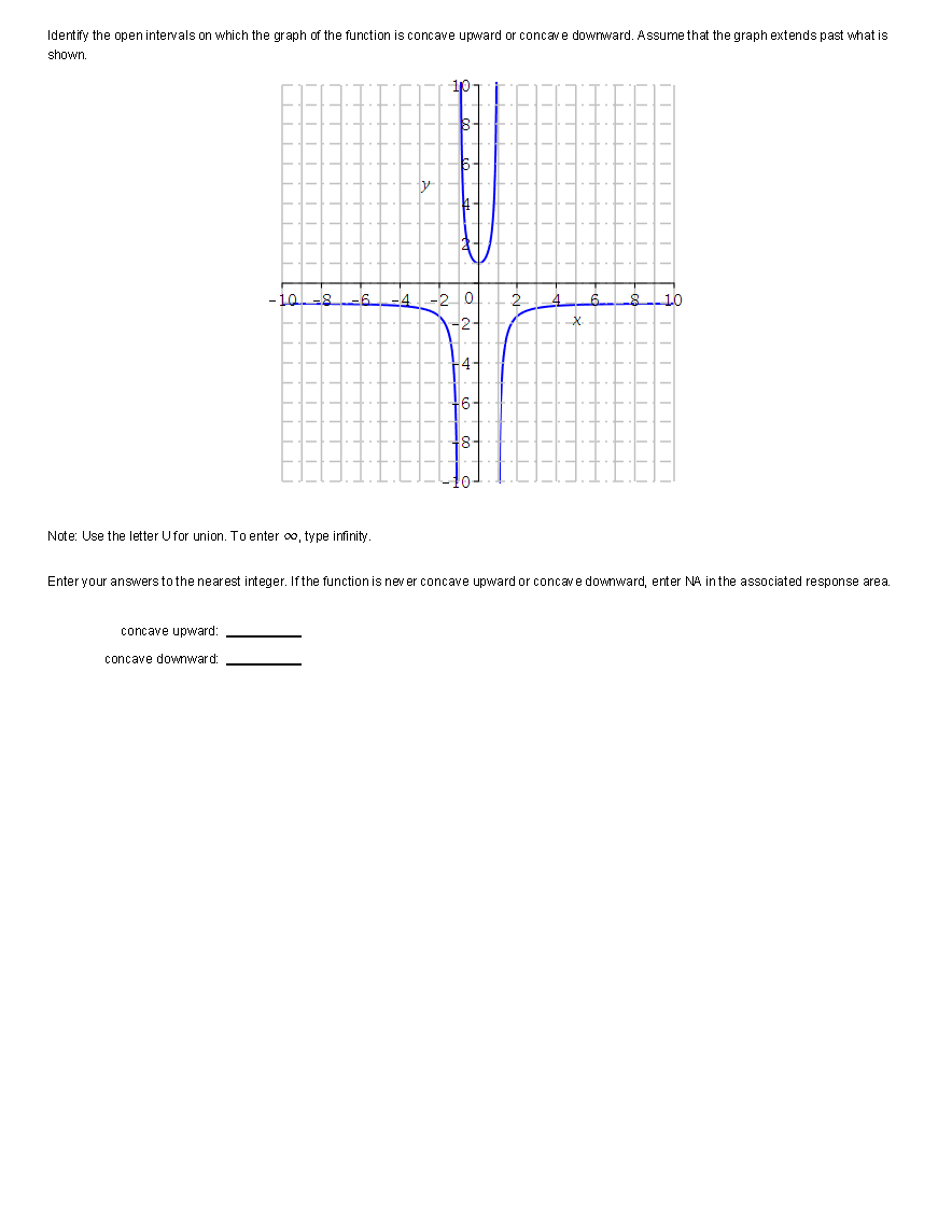 Identify the open intervals on which the graph of the function is concave upward or concave downward. Assume that the graph extends past what is
shown.
-101 -8 6.
Note: Use the letter Ufor union. To enter ∞, type infinity.
concave upward:
concave downward:
| | | |
À
-10-
0
H4-
||||
!!!
1.0
| | |
Enter your answers to the nearest integer. If the function is never concave upward or concave downward, enter NA in the associated response area.