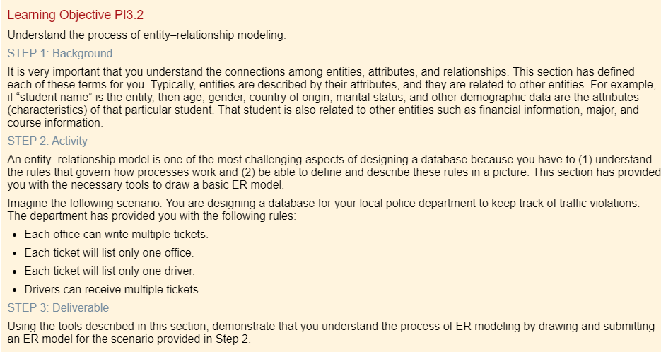 Learning Objective PI3.2
Understand the process of entity-relationship modeling.
STEP 1: Background
It is very important that you understand the connections among entities, attributes, and relationships. This section has defined
each of these terms for you. Typically, entities are described by their attributes, and they are related to other entities. For example,
if "student name" is the entity, then age, gender, country of origin, marital status, and other demographic data are the attributes
(characteristics) of that particular student. That student is also related to other entities such as financial information, major, and
course information.
STEP 2: Activity
An entity-relationship model is one of the most challenging aspects of designing a database because you have to (1) understand
the rules that govern how processes work and (2) be able to define and describe these rules in a picture. This section has provided
you with the necessary tools to draw a basic ER model.
Imagine the following scenario. You are designing a database for your local police department to keep track of traffic violations.
The department has provided you with the following rules:
• Each office can write multiple tickets.
• Each ticket will list only one office.
• Each ticket will list only one driver.
• Drivers can receive multiple tickets.
STEP 3: Deliverable
Using the tools described in this section, demonstrate that you understand the process of ER modeling by drawing and submitting
an ER model for the scenario provided in Step 2.