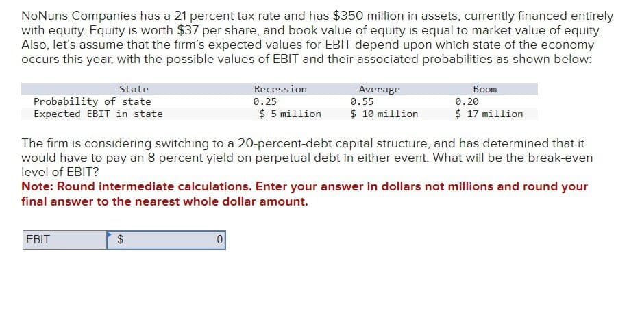 NoNuns Companies has a 21 percent tax rate and has $350 million in assets, currently financed entirely
with equity. Equity is worth $37 per share, and book value of equity is equal to market value of equity.
Also, let's assume that the firm's expected values for EBIT depend upon which state of the economy
occurs this year, with the possible values of EBIT and their associated probabilities as shown below:
State
Probability of state
Expected EBIT in state
Recession
0.25
Average
0.55
Boom
$ 5 million
$ 10 million
0.20
$ 17 million
The firm is considering switching to a 20-percent-debt capital structure, and has determined that it
would have to pay an 8 percent yield on perpetual debt in either event. What will be the break-even
level of EBIT?
Note: Round intermediate calculations. Enter your answer in dollars not millions and round your
final answer to the nearest whole dollar amount.
EBIT
$
0