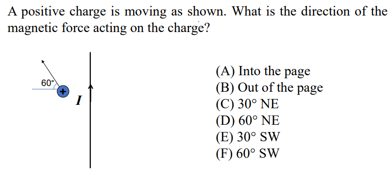 A positive charge is moving as shown. What is the direction of the
magnetic force acting on the charge?
(A) Into the page
(B) Out of the page
(C) 30° NE
(D) 60° NE
(E) 30° SW
(F) 60° SW
60°
