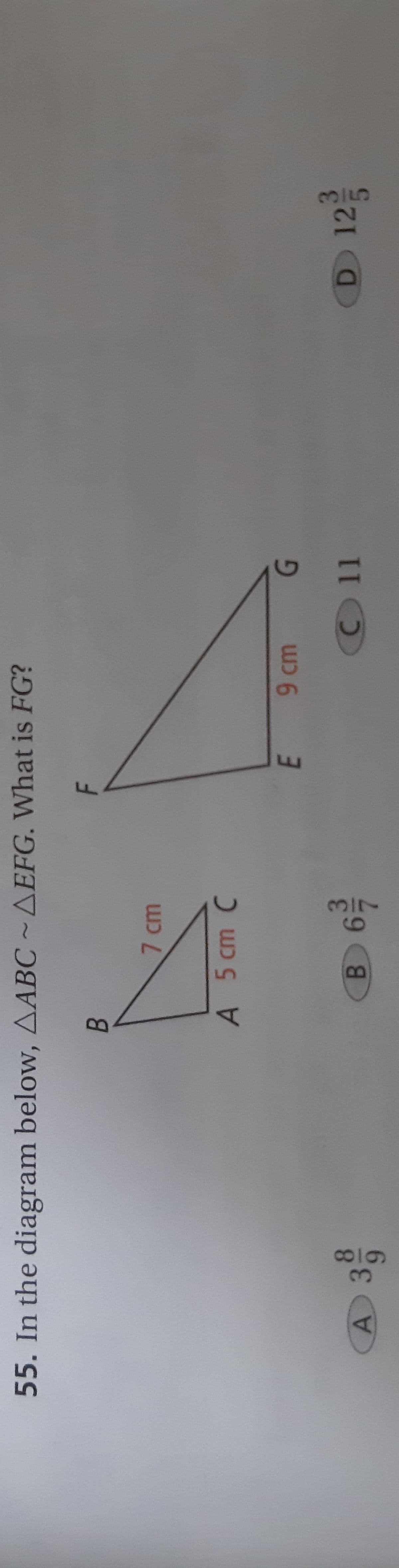 317
55. In the diagram below, AABC ~AEFG. What is FG?
B.
A 5 cm C
E 9cm
G.
D 12
B.
