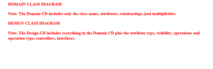 DOMAIN CLASS DIAGRAM
Note: The Domain CD includes only the class name, attributes, relationships, and multiplicities.
DESIGN CLASS DIAGRAM
Note: The Design CD includes everything in the Domain CD plus the attribute type, visibility, operations and
operation type, controllers, interfaces.
