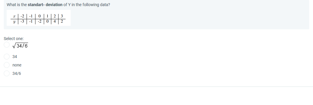 What is the standart- deviation of Y in the following data?
Select one:
34/6
34
none
34/6
