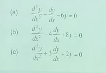 (a)
(b)
(c)
d'y dy
dx² dx
d'y
dx²
d'y
dx²
4
-6y=0
dx
-3 dy
dx
+8y=0
+2y=0