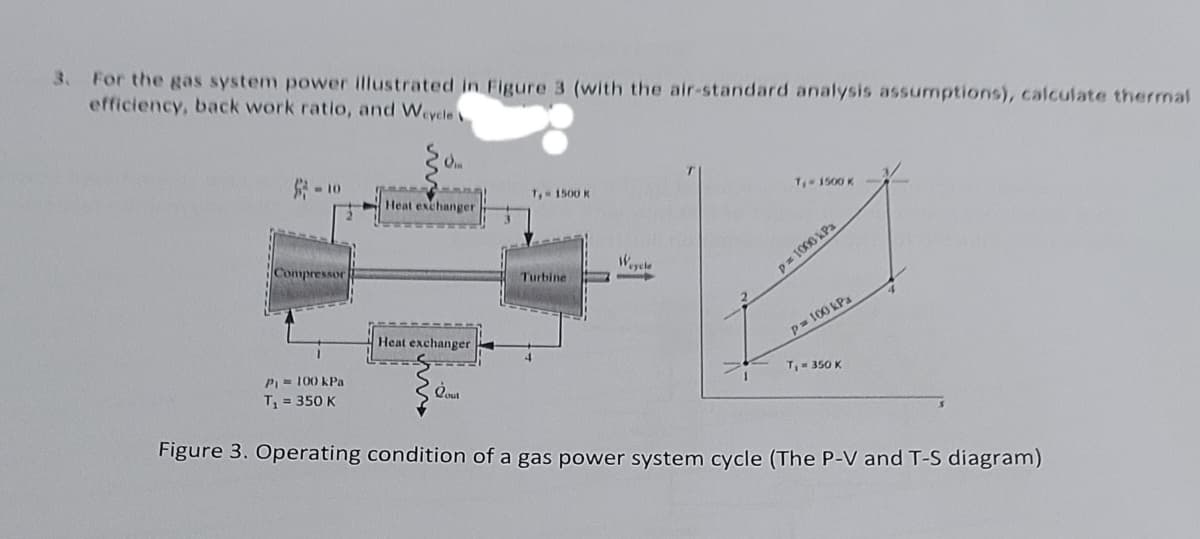 3. For the gas system power illustrated in Figure 3 (with the air-standard analysis assumptions), calculate thermal
efficiency, back work ratio, and Weycle
-10
P₁ = 100 kPa
T₁ = 350 K
Oia
Heat exchanger
Heat exchanger
Qout
T₁ - 1500 K
Turbine
Wycle
1
T₁ - 1500 K
p= 1000 kPa
p= 100 kPa
T₁ = 350 K
Figure 3. Operating condition of a gas power system cycle (The P-V and T-S diagram)