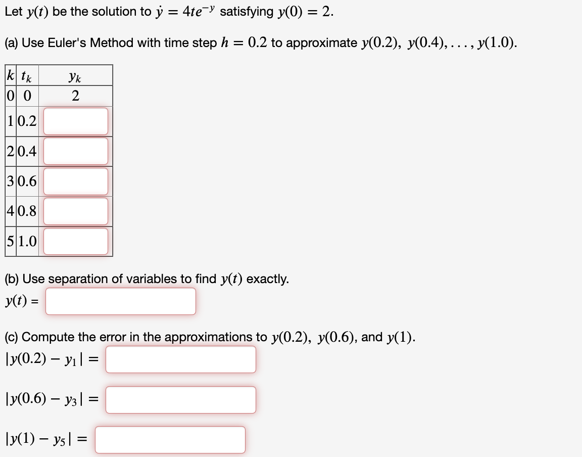 Let \( y(t) \) be the solution to \( \dot{y} = 4te^{-y} \) satisfying \( y(0) = 2 \).

(a) Use Euler's Method with time step \( h = 0.2 \) to approximate \( y(0.2), y(0.4), \ldots, y(1.0) \).

\[
\begin{array}{|c|c|c|}
\hline
k & t_k & y_k \\
\hline
0 & 0 & 2 \\
\hline
1 & 0.2 & \\
\hline
2 & 0.4 & \\
\hline
3 & 0.6 & \\
\hline
4 & 0.8 & \\
\hline
5 & 1.0 & \\
\hline
\end{array}
\]

(b) Use separation of variables to find \( y(t) \) exactly.

\( y(t) = \)

(c) Compute the error in the approximations to \( y(0.2), y(0.6), \) and \( y(1) \).

\[
|y(0.2) - y_1| = 
\]

\[
|y(0.6) - y_3| = 
\]

\[
|y(1) - y_5| = 
\]