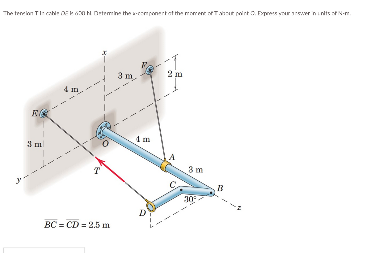 The tension T in cable DE is 600 N. Determine the x-component of the moment of T about point O. Express your answer in units of N-m.
E&
3 m
}__
4 m
T
|
BC=CD = 2.5 m
3 m
4 m
D
2 m
A
3 m
30°-
B