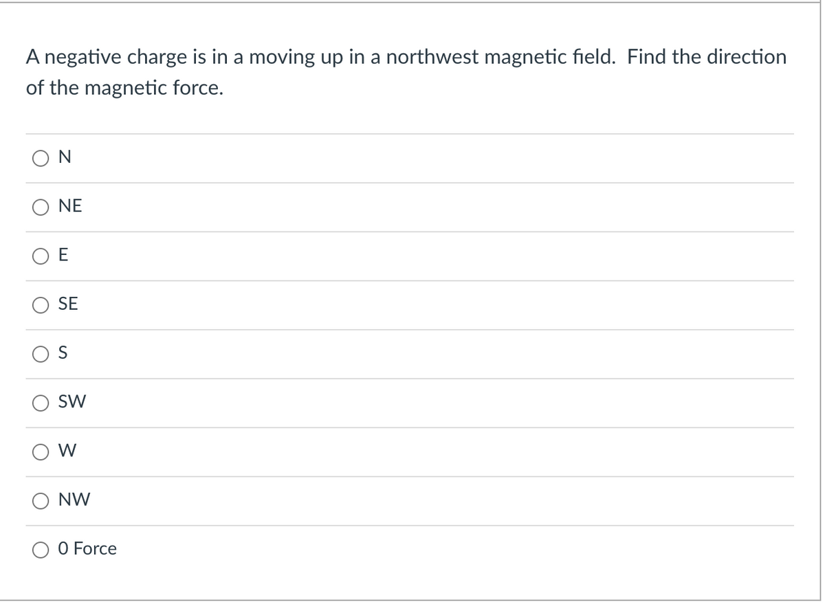 A negative charge is in a moving up in a northwest magnetic field. Find the direction
of the magnetic force.
NE
E
SE
SW
W
NW
O Force
