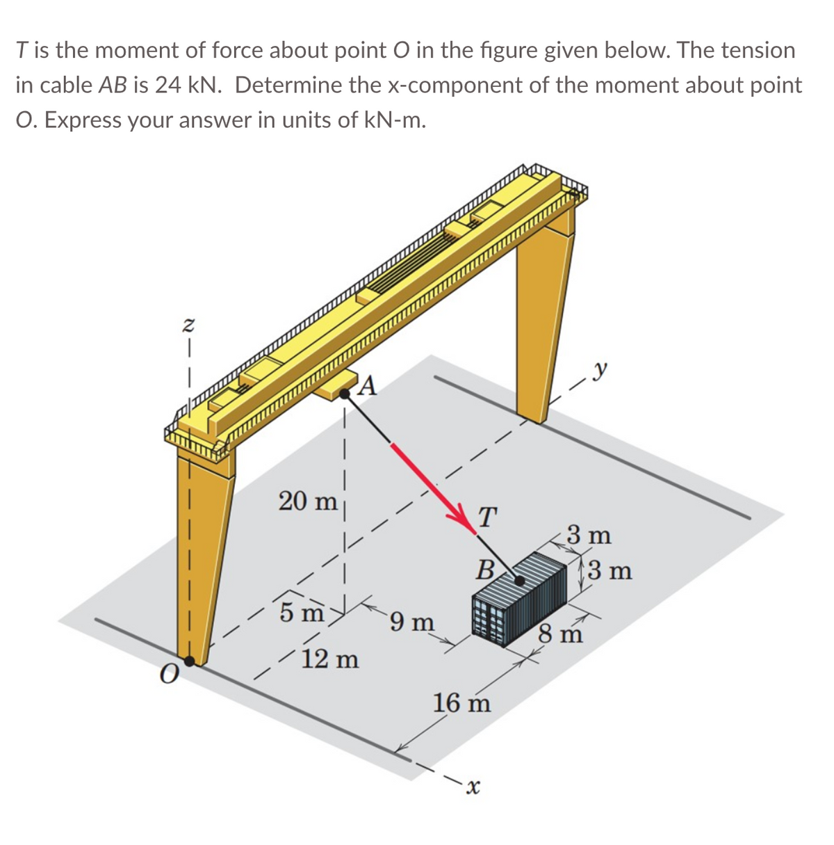 T is the moment of force about point O in the figure given below. The tension
in cable AB is 24 kN. Determine the x-component of the moment about point
O. Express your answer in units of kN-m.
Z
|
20 m
5m>
A
12 m
9 m
T
B
16 m
x
-V
3 m
8 m
3 m