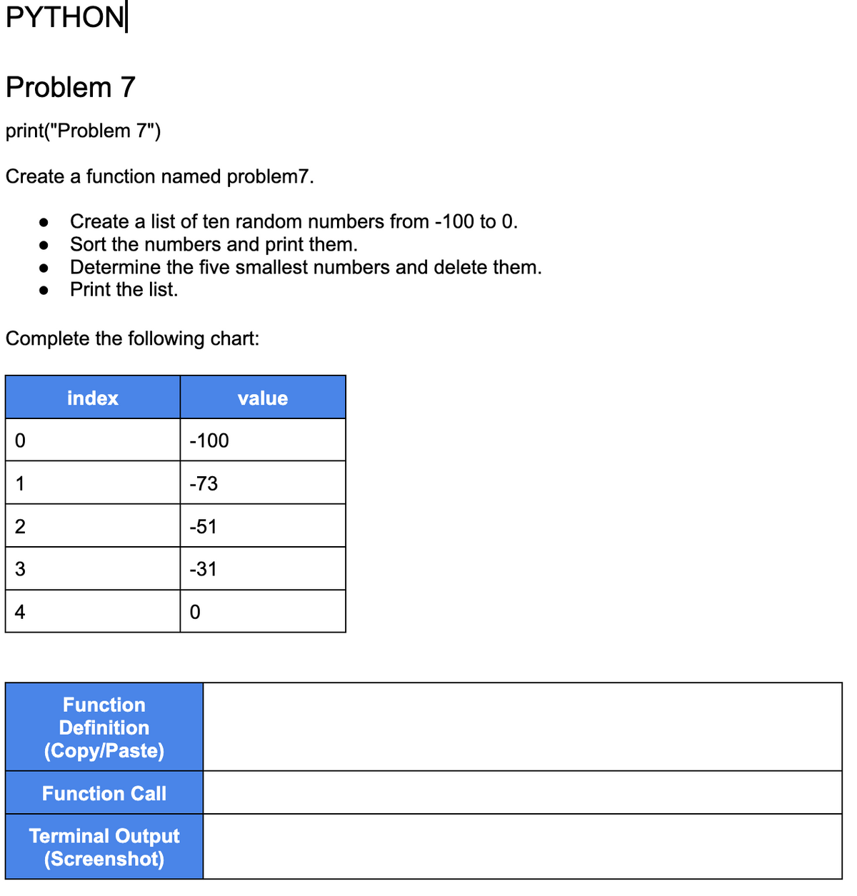 PYTHON
Problem 7
print("Problem 7")
Create a function named problem7.
0
Complete the following chart:
1
2
3
●
4
Create a list of ten random numbers from -100 to 0.
Sort the numbers and print them.
Determine the five smallest numbers and delete them.
Print the list.
index
Function
Definition
(Copy/Paste)
Function Call
Terminal Output
(Screenshot)
-100
-73
-51
-31
0
value