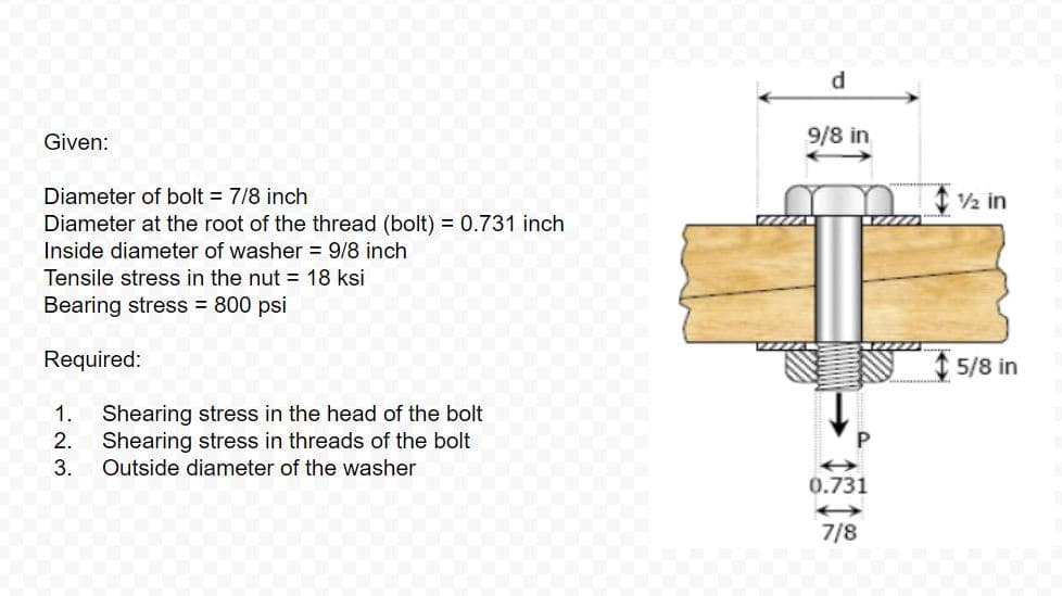 d
Given:
9/8 in
½ in
Diameter of bolt = 7/8 inch
Diameter at the root of the thread (bolt) = 0.731 inch
Inside diameter of washer 9/8 inch
Tensile stress in the nut = 18 ksi
Bearing stress = 800 psi
Required:
5/8 in
Shearing stress in the head of the bolt
Shearing stress in threads of the bolt
Outside diameter of the washer
0.731
7/8
123.
