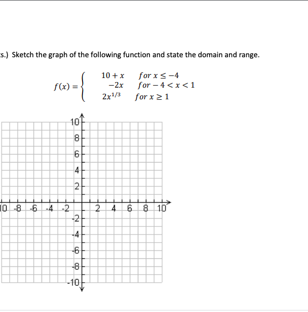 s.) Sketch the graph of the following function and state the domain and range.
for x < -4
for – 4 <x< 1
10 + x
f(x) =
-2x
2x/3
for x > 1
10
8
2-
0-86 -4 -2
-2
6 8 10
-4
-6
4.
