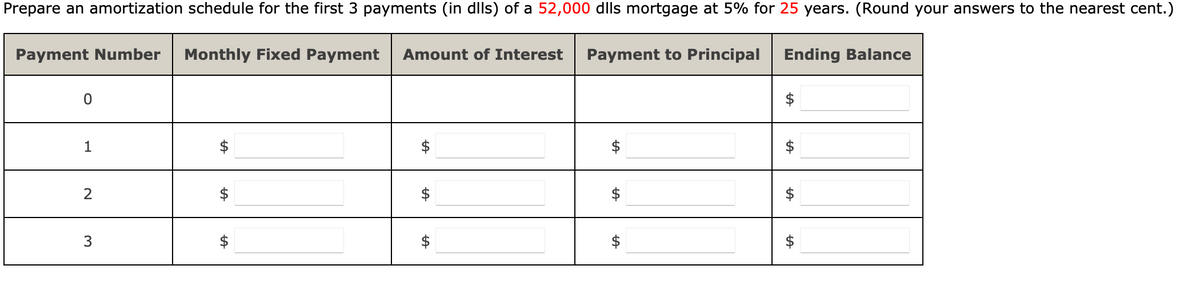 Prepare an amortization schedule for the first 3 payments (in dlls) of a 52,000 dlls mortgage at 5% for 25 years. (Round your answers to the nearest cent.)
Payment Number Monthly Fixed Payment Amount of Interest
0
1
2
3
LA
LA
Payment to Principal
LA
A
Ending Balance
LA
LA
LA