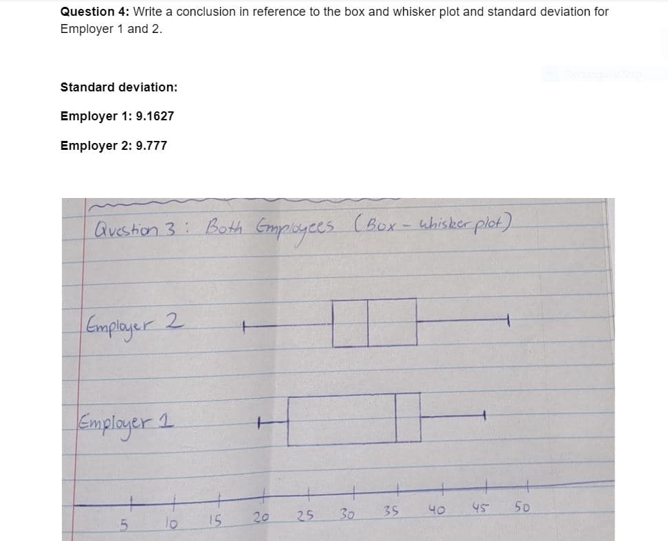 Question 4: Write a conclusion in reference to the box and whisker plot and standard deviation for
Employer 1 and 2.
Standard deviation:
Employer 1: 9.1627
Employer 2: 9.777
Qvestion 3: Both Gmployees (Box – whisker plot).
Emplayer 2
Emplayer 1
5.
20
25
30
35
40
45
50
