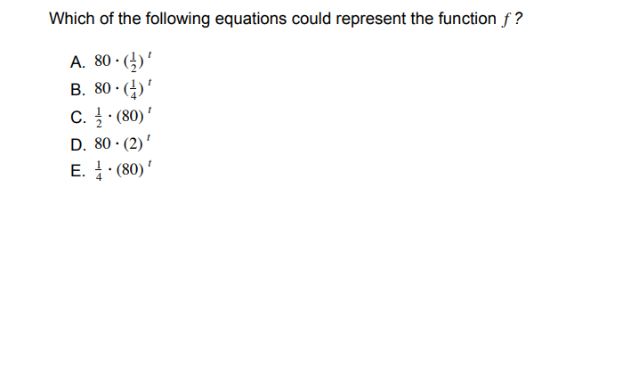 Which of the following equations could represent the function ƒ?
A. 80 · (-)'
B. 80 · (4)'
C. (80) '
D. 80 - (2) '
E. : (80) '
