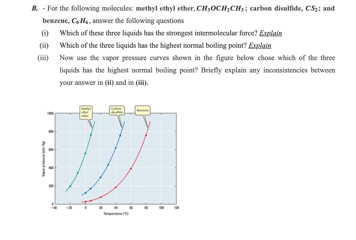 B. - For the following molecules: methyl ethyl ether, CH3OCH2CH3; carbon disulfide, CS2; and
benzene, C6 H6, answer the following questions
(i)
Which of these three liquids has the strongest intermolecular force? Explain
(ii)
Which of the three liquids has the highest normal boiling point? Explain
(iii)
Now use the vapor pressure curves shown in the figure below chose which of the three
liquids has the highest normal boiling point? Briefly explain any inconsistencies between
your answer in (ii) and in (ii).
Methyl
ethyl
ether
Carbon
disulfide
Bennene
1000
800
600
400
200
-40
20
40
60
80
100
120
Tomperature ("C)
Vapor pressure (mm Hg
