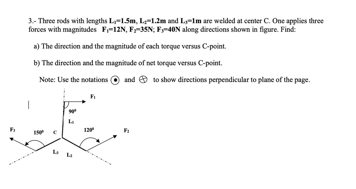 3.- Three rods with lengths L1=1.5m, L2=1.2m and L3=1m are welded at center C. One applies three
forces with magnitudes F=12N, F;=35N; F;=40N along directions shown in figure. Find:
a) The direction and the magnitude of each torque versus C-point.
b) The direction and the magnitude of net torque versus C-point.
Note: Use the notations (O
and O to show directions perpendicular to plane of the page.
F1
900
L1
F3
1200
F2
150°
L3
L2
