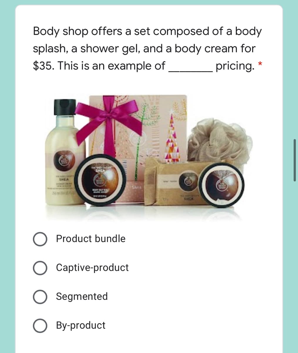 Body shop offers a set composed of a body
splash, a shower gel, and a body cream for
$35. This is an example of
pricing.
SHEA
SHEA
Product bundle
Captive-product
Segmented
By-product
