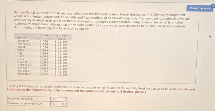 Bargain Rental Car offers rental cars in an off-airport location near a major tourist destination in California. Management
would like to better understand the variable and fixed portions of its car washing costs. The company operates its own car
wash facility in which each rental car that is returned is thoroughly cleaned before being released for rental to another
customer. Management believes that the variable portion of its car washing costs relates to the number of rental returns.
Accordingly, the following data have been compiled:
Month
January
February
March
April
May
June
July
August
September
October
November
December
Rental
Returns
2,300
2,500
2,700
2,900
3,600
4,900
5,500
5,300
4,600
3,800
2,100
2,600
Car Wash
Costs
$ 10,300
$12,800
$ 11,100
$ 13,200
$ 15,500
Fixed cost per month
Variable cost per rental return
$ 21,900
$ 21,500
$ 20,400
$ 22,100
$ 19,000
$ 10,000
$ 11,800
Check my work
2. Using least-squares regression, estimate the variable cost per rental return and the monthly fixed cost incurred to wash cars. (Round
Fixed cost to the nearest whole dollar amount and the Variable cost per unit to 2 decimal places.)
$
100
$ 3.56