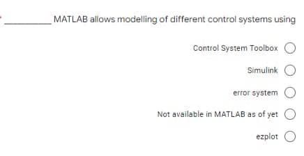 MATLAB allows modelling of different control systems using
Control System Toolbox
Simulink
error system
Not available in MATLAB as of yet
ezplot O