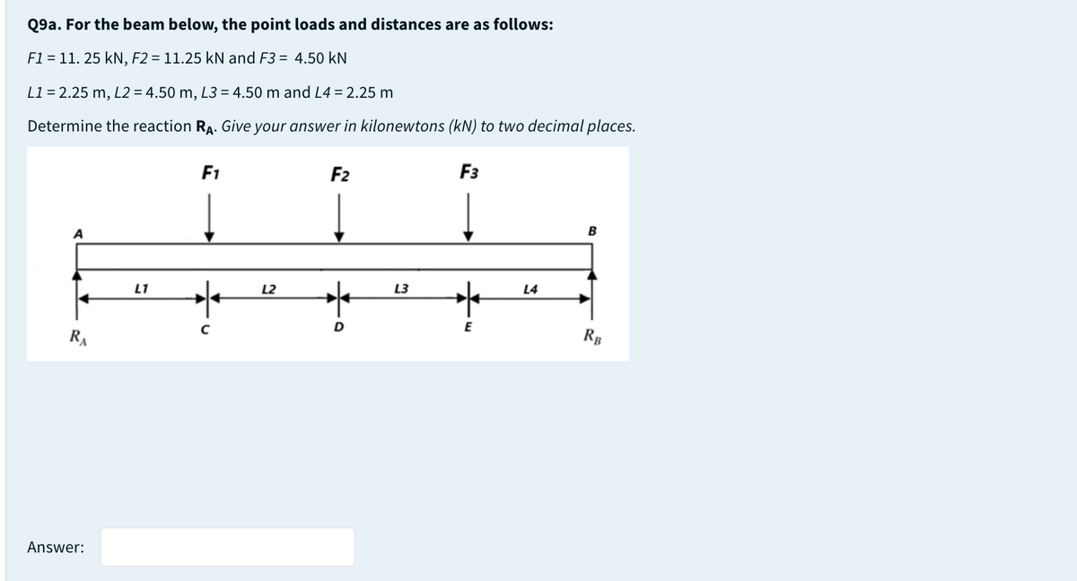 Q9a. For the beam below, the point loads and distances are as follows:
F1 = 11. 25 kN, F2 = 11.25 kN and F3 = 4.50 kN
L1 = 2.25 m, L2 = 4.50 m, L3 = 4.50 m and L4 = 2.25 m
Determine the reaction RA. Give your answer in kilonewtons (kN) to two decimal places.
F1
F2
F3
B
L1
L2
L3
L4
E
RA
Rg
Answer:
