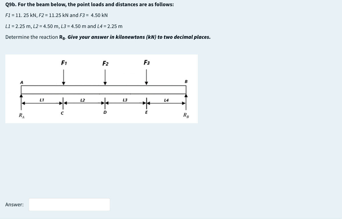 Q9b. For the beam below, the point loads and distances are as follows:
F1 = 11. 25 kN, F2 = 11.25 kN and F3 = 4.50 kN
L1 = 2.25 m, L2 = 4.50 m, L3 = 4.50 m and L4 = 2.25 m
Determine the reaction Rg. Give your answer in kilonewtons (kN) to two decimal places.
F1
F2
F3
A
L1
L2
L3
L4
E
RA
Answer:
