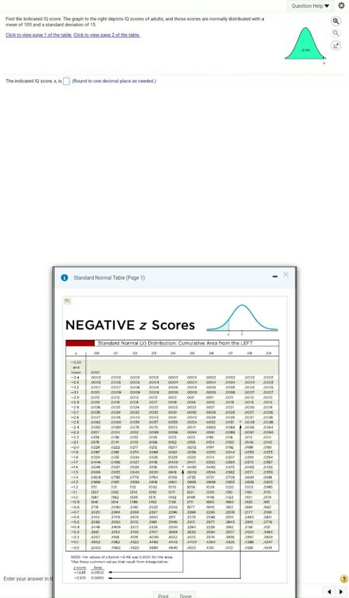 Question Help ▼
Find the indicated IQ score. The graph to the right depicts IQ scores of adults, and those scores are normally distributed with a
mean of 100 and a standard deviation of 15.
Click to view page 1 of the table. Click to view page 2 of the table.
0.99
The indicated IQ score, x, is (Round to one decimal place as needed.)
Standard Normal Table (Page 1)
NEGATIVE z Scores
Standard Normal (2) Distribution: Cumulative Area from the LEFT
02
03
04
08
09
-3 50
and
lower
0001
0003
.0004
-34
0003
0003
.0003
.000s
0003
o003
0003
0003
.0004
0003
0004
0002
-33
.000s
000s
0004
0004
0004
-32
0007
0007
.0006
000e
0006
0006
0006
000s
-31
o010
D009
.0009
0009
0008
0008
.0008
.0008
O007
0007
oon
.oom
-30
-2.9
D010
0014
0013
D019
.0017
.o016
0014
-28
0026
0025
0024
.0023
0023
0022
0021
.0021
.0020
-2.7
0034
.0033
.0028
0027
0026
.002
0043
.0057
003
.0050
.0029
0047
0045
0060
0044
004
-26
-2.5
0040
o054
.o0s . 0049
.0068 A.0066
ooss
-2.4
O082
0080
.0078
.0075
00/3
.00/1
.0069
0064
-2.3
0107
0104
.0102
.0099
009
.0094
009
.O089
O084
-22
-21
.0132
0139
01/9
O136
O129
0125
ous
0122
ono
01/0
0166
062
O54
.0150
0146
-20
0228
0222
.0217
.0212
0207
.0202
0197
.0192
-1.9
0261
0274
0265
0262
0256
0250
.0244
0239
0233
-18
0359
0329
0322
0314
.0307
0294
.0344
0427
.0336
0301
-17
0446
0436
.0418
0409
0401
0392
OSos 09s
O68 4 0606
-1.6
0548
OS37
.0526
0516
OS
0485
.0475
04ES
0455
-15
0668
0655
0643
.0630
0594
.0582
0571
-1.4
0808
0793
.0778
.0721
0708
.0764
.0918
0749
.0735
0694
-1.3
0968
095
.0934
0901
OB53
-12
151
1112
1093
1075
1056
1038
1020
1003
0985
1357
1292
1251
1230
190
-11
1335
1314
1271
1210
170
-1.0
-09
J587
J562
1559
J515
1492
1446
1685
1425
1660
J401
1579
1841
1814
1788
1762
1756
3655
-08
2n9
2090
2061
2033
2005
1977
1949
1922
1894
1867
-07
2420
2509
2558
2327
2296
2266
2250
2206
2177
248
-06
2743
3085
2709
2676
3015
2643
261
2578
2546
2514
2483
2451
-0.5
3050
2981
2946
2912
2877
.2843
2810
2776
-04
3446
3409
3372
3336
3300
3264
3228
3192
3156
3821
3783
3745
3707
3669
3632
3594
3557
3520
-02
4207
4168
4129
4090
4052
4013
3974
3936
3859
-0.1
A602
AS62
AS22
4483
4443
4404
4364
4325
A286
4247
-0.0
S000
4920
4880
4840
4801
4761
4721
M641
NOTE For values of z below -.49 use 0.0001 for the area
"Use these common values that result from interpolation:
Zscore Area
-1.645 00s00
Enter your answer in t
-2575 00oso
0.0050
Print
Done
