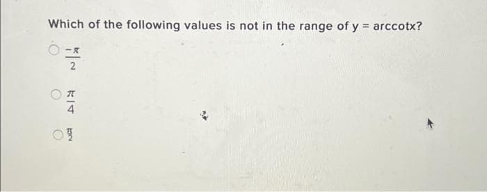 Which of the following values is not in the range of y = arccotx?
0
KI4
52