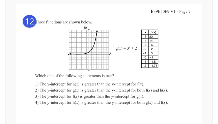 B39E50E9 V1 - Page 7
12 hree functions are shown below.
f(x),
x| h(x)
-5 30
-4 14
-3
6
g(x) = 3* + 2
-2
2
-1
0 -1
1-1.5
2 -1.75
Which one of the following statements is true?
1) The y-intercept for h(x) is greater than the y-intercept for f(x).
2) The y-intercept for g(x) is greater than the y-intercept for both f(x) and h(x).
3) The y-intercept for f(x) is greater than the y-intercept for g(x).
4) The y-intercept for h(x) is greater than the y-intercept for both g(x) and f(x).
