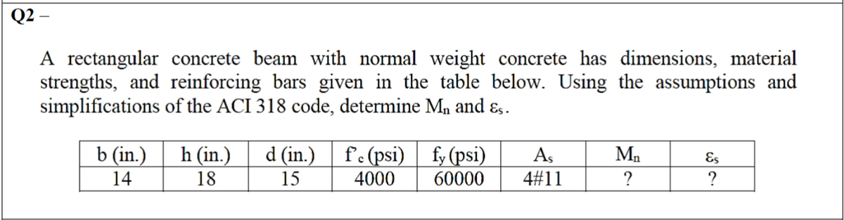 Q2 -
A rectangular concrete beam with normal weight concrete has dimensions, material
strengths, and reinforcing bars given in the table below. Using the assumptions and
simplifications of the ACI 318 code, determine M₂ and Es.
b (in.)
14
h (in.)
18
d (in.)
15
f'e (psi)
4000
fy (psi)
60000
As
4#11
M₁
?
Es
?