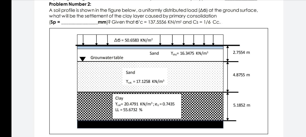 Problem Number 2:
A soil profile is shown in the figure below, a uniformly distributed load (A6) at the ground surface,
what will be the settlement of the clay layer caused by primary consolidation
(Sp =
mm)? Given that 6'c = 137.5556 KN/m? and Cs = 1/6 C.
A6 = 50.6583 KN/m2
Sand
Ydny= 16.3475 KN/m³
2.7554 m
Grounwater table
Sand
4.8755 m
Ysat. = 17.1258 KN/m3
Clay
Ysat= 20.4791 KN/m3; e. =0.7435
5.1852 m
LL = 55.6732 %
